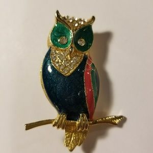Vintage Multicolor Enamel & Rhinestone Owl Brooch